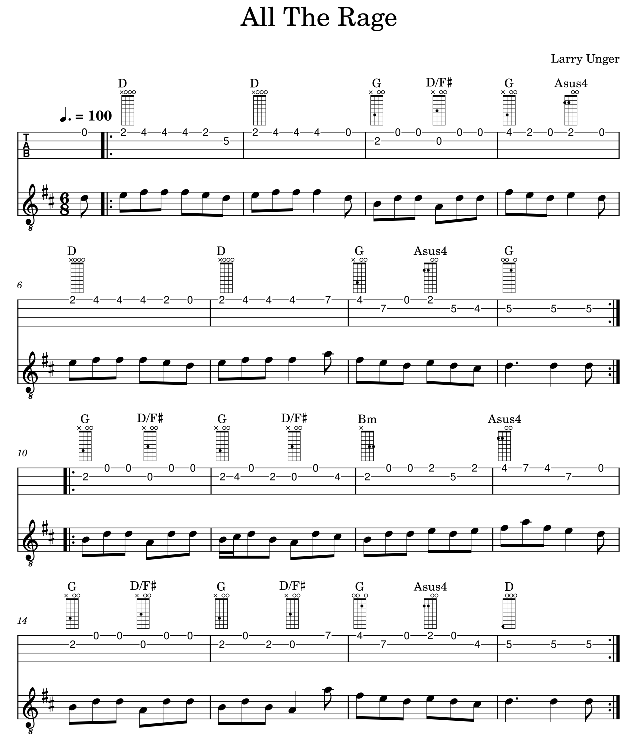 Irish bouzouki TAB and standard notation for All The Rage by Larry Unger, showing melody, chord diagrams and accompaniment in D major.